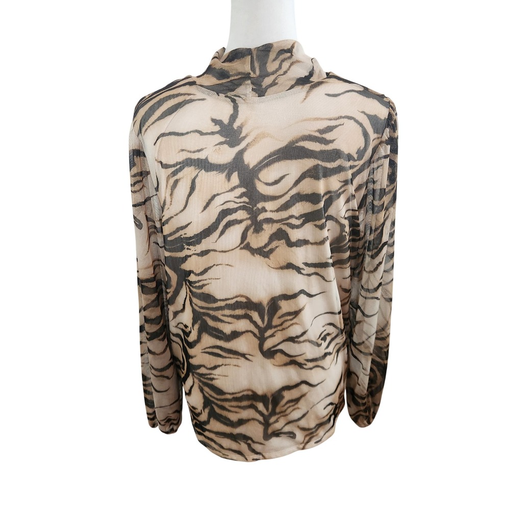 Chico's Size 3 Womens XL Tiger Print Mesh Mock Neck Top Brown Sheer Turtleneck - Picture 3 of 8